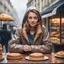 Placeholder: Realistic woman, soft athletic build, Caucasian, Paris bakery on a rainy day, sitting at table, cozy jacket, looking at camera