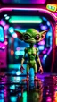 Placeholder: sexy stunt alien gremlin in telephone both caravan parked in dark neon lit reflective wet arcade hall tunnel,bokeh like f/0.8, tilt-shift lens 8k, high detail, smooth render, down-light, unreal engine, prize winning