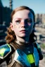 Placeholder: ultrarealistic, ruined city,__futuristic armor__, __angles__, 8 year old woman, strikingly beautiful, ginger hair, silver colour, [__starlets__|__starlets__], (pale __skincolor__ skin:1.2), __camera__, _hair_, detailed face and eyes, medium breasts, leather choker, freckles, dynamic pose, resolved expression, __accessory__, strappy outfit, (straps:1.1), sword in scabard on left hip, (buckles, buttons, snaps, rings:1.0), haltertop style breastplate, detailed eyes, plump lips, sci-fi theme