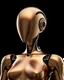 Placeholder: Luxury faceless robot woman, hourglass skinny figure, standing tall in full height. Fully three-dimensional with a sleek, futuristic, and minimalistic design. Metallic bronze surface with subtle reflections, smooth and polished, exuding elegance and power. No facial features, maintaining a mysterious and sophisticated aesthetic. Dramatic lighting enhances the metallic sheen, set against a completely black background.