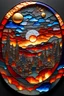 Placeholder: round 3D embossed textured ethereal image, a cityscape on the distant horizon, in molten lava; made of stained glass, agate with gold foil highlights, coals. red, orange, yellow, blue, silver, grey, black; 3D, fire, flames, smoke, nebula sky, small crescent moon, starry night, glowing embers, gold smoke, sparks, realistic, sharp lines, extreme detail