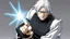 Placeholder: Satoru Gojo is a young tough guy white hair blue eyes black turtleneck without arms white loose pants in a defensive pose