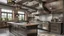 Placeholder: Kitchen with a character whose walls, ceilings, floors, windows, doors, and furniture are inspired by the theme: metal, iron, and fire.