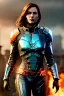 Placeholder: ultrarealistic, ruined city,__mass effect armor__, __angles__, 19 year old woman, strikingly beautiful, ginger hair, silver colour, [__starlets__|__starlets__], (pale __skincolor__ skin:1.2), __camera__, _hair_, detailed face and eyes, medium breasts, leather choker, freckles, dynamic pose, resolved expression, __accessory__, strappy outfit, (straps:1.1), sword in scabard on left hip, (buckles, buttons, snaps, rings:1.0), haltertop style breastplate, detailed eyes, plump lips, sci-fi theme