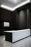 Placeholder: A reception desk with black walls, a white floor, and hidden or rich lighting, and it is suitable for a museum