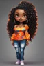 Placeholder: create a colorful digital urban culture art image 8k of a chibi curvy black female wearing torn jeans pants and a orange tie dye off the shoulder blouse. Prominent make up with hazel eyes. Highly detailed long tight curly PONYTAIL