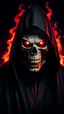 Placeholder: Scary figure in a black robe and with a skull-like face with red fire eyes and an open jaw looks ominously at the camera on a black background