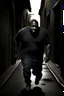 Placeholder: Big fat black man running in a dark alleyway