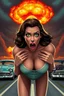 Placeholder: an attractive woman leaning forward(cropped from between nose and hips, cleavage, hands at side of face, with surprised shocked expression, dramatic screaming), nuclear explosion and 1950s Cars in background, greaser, digital illustration