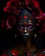 Placeholder: Beautiful young faced african voodoo vantablack woman adorned with garden red qnd ginger . Pansy flower rcoco venetian metallic filigree decadent samanism garden pasi rhinesstone covered floral headress ornated woman portrait wearing venetian face masque and floral filigree embossed dress vantablack gothica voidcore decadent organic bio spinal ribbed detail of ribbed mineral stones extremely detailed hyperrealistic maximálist concept art rococo portrait art