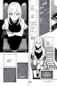 Placeholder: blonde girl converses sitting on a chair, isometric view, grayscale, manga page