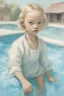 Placeholder: Illustration of model gemma ward as toddler, swimming pool, style of Marcel Marlier, pastel colors
