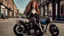 Placeholder: full-height portrait of a woman with straight shoulder-length auburn hair, with metal arms and legs, dressed in leather trousers, and a waistcoat, in a Victorian street next to a steampunk motorbike blue sky