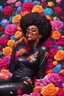 Placeholder: A sassy pop punk futurism art cartoon of a black female lounging lazily on her side, surrounded by colorful roses flower petals. Looking up coyly, she grins widely, showing teeth. Highly detailed black afro , regal expression.