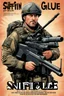 Placeholder: SNIFFIN’ GLUE magazine illustration cover by L'Hôpital, René le Brun : special issue #42 on sniper action and weaponry. guest star: Sergeant JT Sanborn, The Hurt Locker.