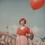 Placeholder: A woman with freckles, with a balloon at the circus, 1950s, red, orange, pink