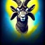 Placeholder: A bighorn sheep ram warrior full blue and yellow body armor with fierce and wild look, highly detailed, digital art, sharp focus, trending on art station, standing on all fours with one hoof on an american football, field of grass, background mountain peaks sunset sky of blue and yellow, design by charlie bowater, ross tran, artgerm, and makoto shinkai, detailed, colors #003594 #FFA300 #FF8200 #FFD100 throughout