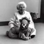 Placeholder: Old photo grandma with lion and zip mouth toy