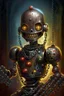 Placeholder: book cover illustration, spotty oil painting portrait of metallic dark faced slightly cute smirking robot vampire holding small earth in chain, bokeh , high detail, smooth render, prize winning