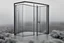 Placeholder: a surreal open glass gate in a glass wall with a view of a desolate landscape, fog, storm, infrared filter, strong contrasts, by artist "Leonora Carrington",by artist "Zaha Hadid""