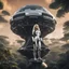 Placeholder: Wide-angle photo of a slim sci-fi woman with blond hair, wearing a silver and black futuristic android-like spacesuit, standing on an alien cloud tree jungle planet