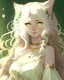 Placeholder: Neko girl, wavy white hair, white cat ears, golden accents, green eyes, long dress