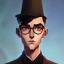 Placeholder: tall young man witbh square glasses, brown hair and grey eyes. He wears blue shirt, dark tails, bow tie and colorful chimney pot hat.