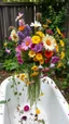 Placeholder: Bathtub used as a vase filled with colorful flowers some of them are tingling down , abandoned in a the backyard