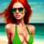 Placeholder: retrato de mujer peliroja en playa en bikini con ojos verdes