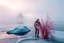 Placeholder: splash screen, alien landscape with a couple , iced lake, fog, cold colors, metallic tones, scifi style, fade colors, utopistic vibe