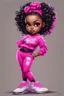 Placeholder: Create an airbrush image of a curvy chibi cartoon black female wearing a hot pink jogger set and black sneakers. Prominent make up with hazel eyes. Extremely highly detailed of messing curly bun