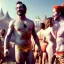 Placeholder: Ultra realistic circus scene. Naked stronger man, waist up view, Wes Anderson style, happy, bubbles, highly detailed, concept art, unreal engine 5, god rays, ray tracing, RTX, lumen lighting, ultra detail, volumetric lighting, 3d, finely drawn, high definition, high resolution.