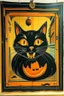 Placeholder: Vintage store front poster, Halloween, cat inside pumpkin