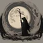 Placeholder: a minimal logo for a brand called "Reaper's Moon Digital Art" perfect text, simple, grim reaper skull superimposed over a full moon