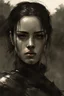 Placeholder: A formidable warrior girl in black armor, on the background Amazing gloomy landscape, flooded with sunset, mountains, trees, fabulous scary hero, , juicy emotions, painting, dark fantasy, gloomy day, dark world, portrait, A Quick Pencil Sketch Of A Portrait Of A 20 Years Old Woman; By Alex Maleev