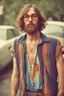 Placeholder: Hippie bohemian young man with Parisian bohemian look and glasses of colours and poor and short short short and poor hair on the head with receding hairline. Farsightedness glasses with big eyes. Long beard. Vintage look and feel like photo styleof the 70s