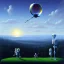 Placeholder: The Skeleton and the Grim Reaper on bubble world, discussing the future of the universe, art by Magritte and Pixar