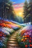 Placeholder: a field filled with lots of flowers next to a forest, footsteps in the snow, beautiful master painting, splashes of colors, path, very attractive and beautiful clouds, ( land ), pathway, color splashes, beautiful view, soft edges, stunning screensaver.