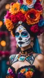 Placeholder: a visually stunning scene of a woman participating in a vibrant Day of the Dead celebration. Highlight the intricate details of the sugar skull makeup, colorful flowers, and festive atmosphere