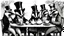 Placeholder: Anthropomorphic European badger wearing a tophat and having a tea party with his other anthropomorphic animal buddies. Etching.