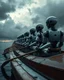 Placeholder: Bosch painting style, nightmare , an Ai robots sitting lined up in line one after another holding The boat's oars , great quality picture with cinematic scenes , heavy clouds in the background