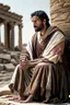 Placeholder: A Roman citizen of the third century, a 30-35-year-old man with kind eyes and a slight smile in poor clothes with a cross around his neck, sits on stones and writes on a papyrus scroll. He is sitting against the background of the ruins of Rome, against the background of the temple of Athena. High-quality 8K image in watercolor technique