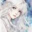 Placeholder: a close-up headshot of a young woman with long white hair, silver eyes, pale skin, a slim delicate build, prone to illness, shy, anime style, intricately detailed, colored sketchy manga style, splotchy watercolor background