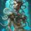 Placeholder: Sango fantasy, fantasy magic, intricate, sharp focus, illustration, highly detailed, digital painting, concept art, matte, art germ and Paul Lewin and Kehinde Wiley, masterpiece Japanese head bronze octopus' Asian African girl nice breast Thai hair turquoise silver blue under water