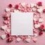 Placeholder: A photo of a white card, 5.5 by 4.25 inches. The card is vertically positioned on a beautiful light pink surface, positioned between pink rose petals and litte golden hearts.