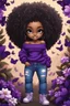 Placeholder: Create a detailed and vibrant charcoal illustration of a chibi black thick female and curly tight afro. She is wearing a purple off-shoulder sweater, blue torn jeans, and tan-colored boots with fluffy white trim. SHe has a confident and cheerful expression, with large expressive eyes and a bright smile. background of black and purple butterflies and magnolia flowers around her