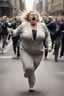 Placeholder: an obese terrified blonde woman crying and sobbing in a pant suit desperately running away from an angry mob of thousands of people chasing her down a city street while she is flailing her arms for dear life