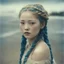 Placeholder: Old autochrome of devon aoki with golden cheeks, strange blue braids. On the beach, in 1830