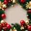 Placeholder: Christmas minimal background, with scattered bells, wreaths, ribbons and ornaments, gold, red and green tones