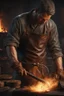 Placeholder: Close view of dirty blacksmith with Leather apron, a man holding he's forearm, the blacksmith is burning the Bitcoin logo with an branding iron onto the arm of a screaming man, hot oven in background, dirty room, 8k, super realistic, very detailed, eary feeling, emphasis on the logo